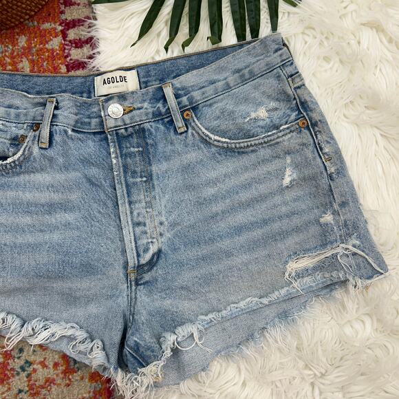 AGOLDE Light Blue Denim Distressed Button Fly Cut Off Jean Shorts 30 - Picture 3 of 8